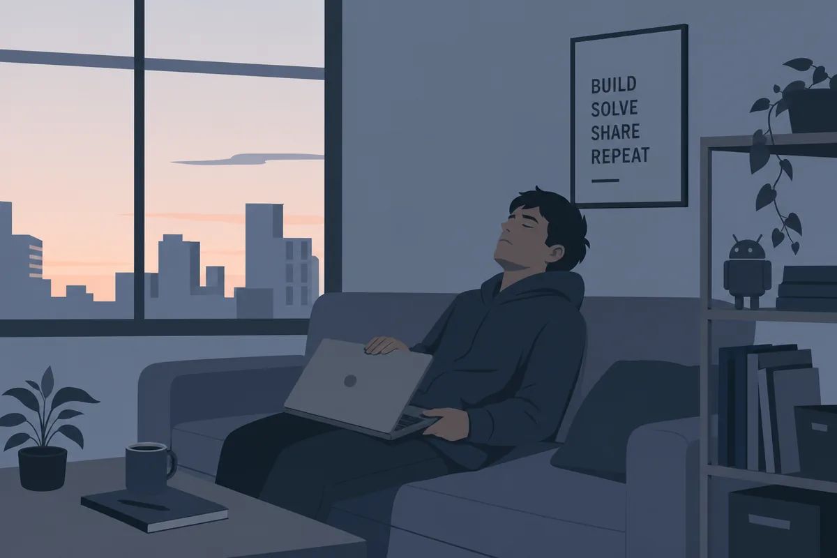 동트기 직전 창가, 노트북을 덮고 소파에 기대 잠시 눈을 붙이는 당직자의 모습