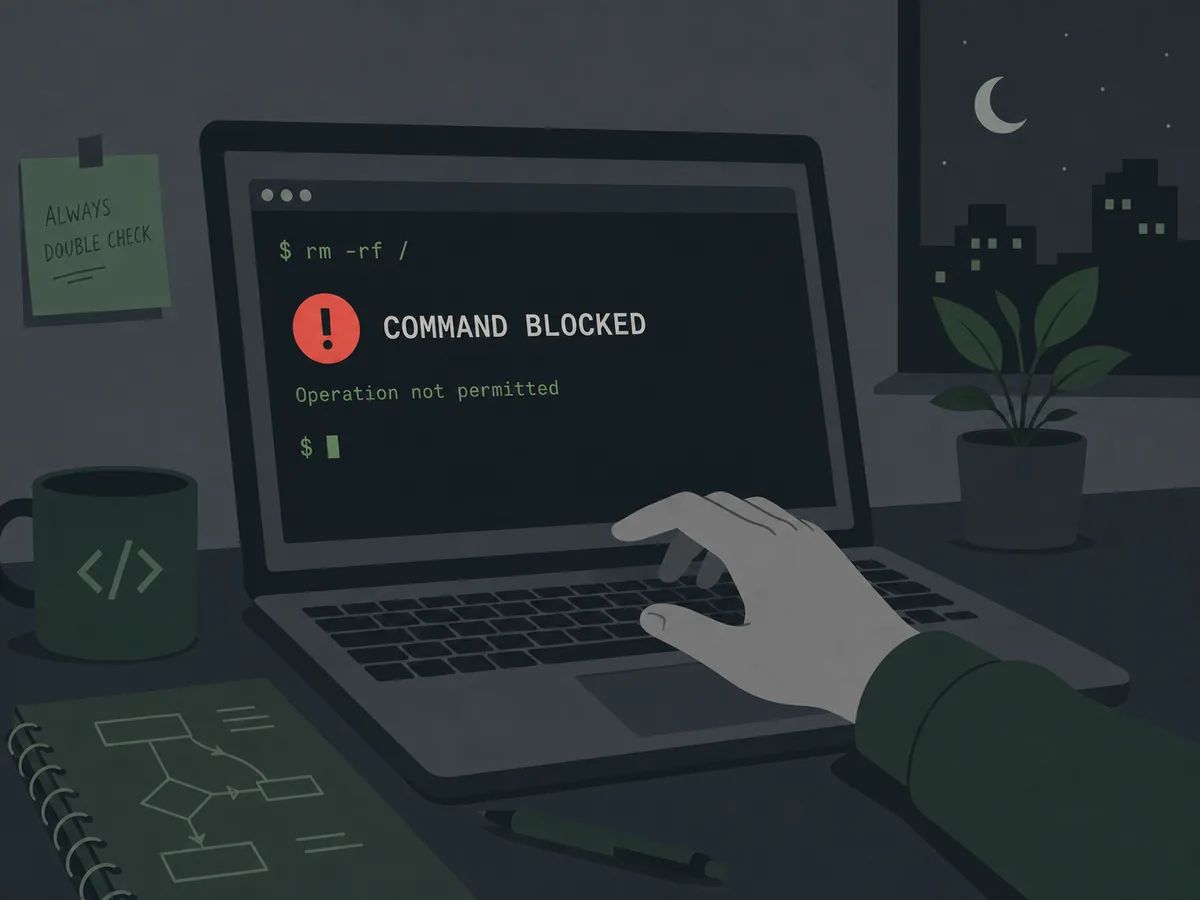 어두운 방, 노트북 화면에 COMMAND BLOCKED 경고가 뜨고 손이 키보드 위에서 멈춘 순간을 그린 일러스트
