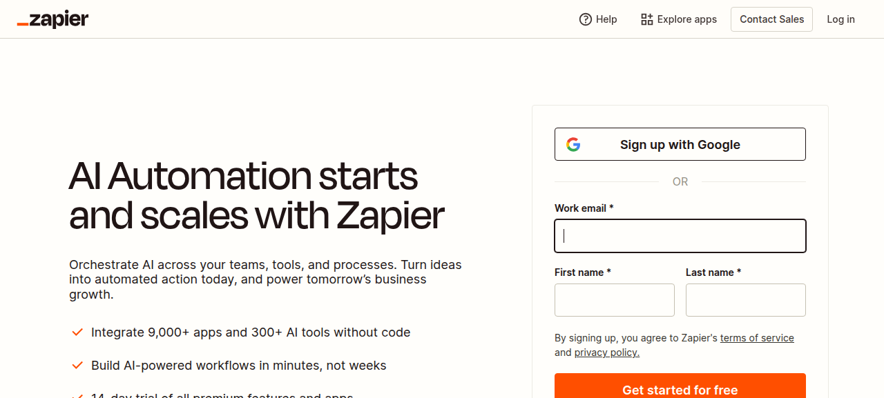 Zapier 가입 페이지, 이메일 입력 후 Get started for free 버튼으로 바로 시작 가능