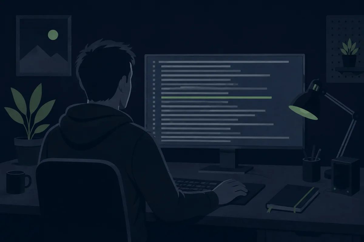 어두운 방에서 긴 로그 출력이 흐르는 넓은 모니터를 바라보는 사람의 뒷모습, 한 줄만 녹색으로 강조돼 있음